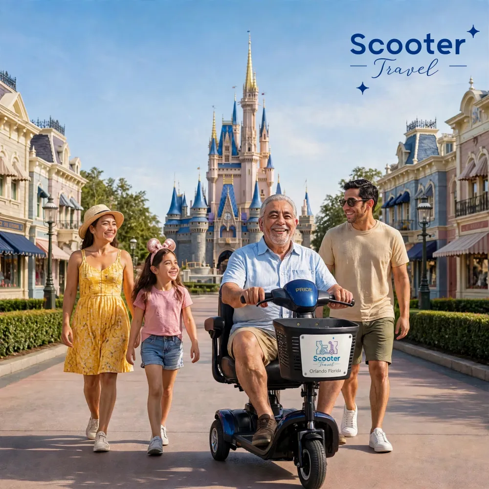 Family at Magic Kingdom with a Scooter Travel mobility scooter